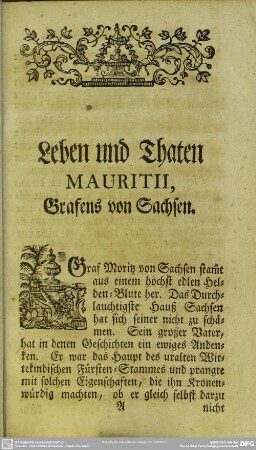 Leben und Thaten Mauritii Grafens von Sachsen