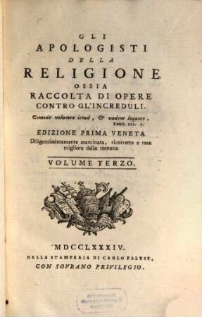 Gli Apologisti Della Religione Ossia Raccolta Di Opere Contro Gl'Increduli, 3,[1]
