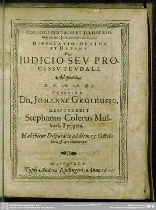 Disputatio Decima Et Ultima De Judicio Seu Processu Feudali