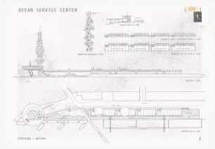 Ocean-Service-Center, Hamburg Schinkelwettbewerb 1989: Grundrisse, Dachaufsicht, Ansichten und Schnitte 1:500