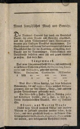 I-II, Neues franzoesisches Maaß und Gewicht