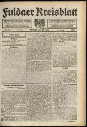 Erste Ausgabe vom Mittwoch, den 21. Juni 1911.