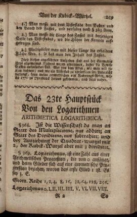 Das 23te Hauptstück. Von den Logarithmen.