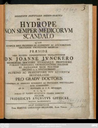 Dissertatio Inavgvralis Medico-Practica De Hydrope Non Semper Medicorvm Scandalo