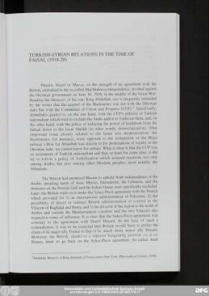 Turkish-Syrian Relations In The Time Of Faisal (1918-20)