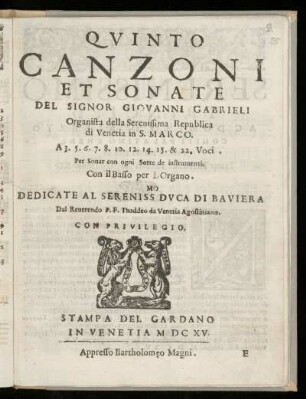 Giovanni Gabrieli: Canzoni et sonate ... a 3.5.6 ... 15 et 22 voci. Quinto