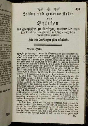 Leichte und gemeine Arten von Briefen ins Französische zu übersetzen,[...]