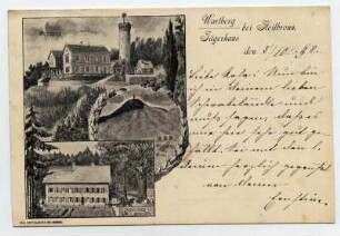 Mehrbildkarte, 3 Motive:: Wartberg mit Wartbergturm und Restaurant, Wartberg von Westen, Jägerhaus mit großer Eiche
