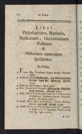 96-121, Libri Philosophiam, Mathesin, Mdicinam, Oeconomiam Politiam & Historiam naturalem spectantes