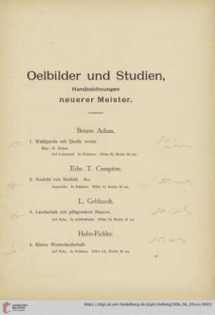 Ölbilder und Studien, Handzeichnungen neuerer Meister (Nr. 1-278)
