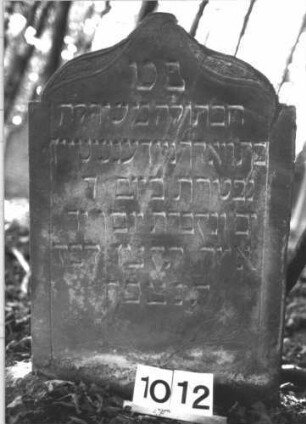 Grabstein 1012 (Index: 99899589) Material: Sandstein Zustand: gut erhalten, unten angewittert Maße HxBxT: 93x60x7 cm Beschreibung: Stele mit abgeflachtem Kielbogenabschluss, oben hängende Blüte, Oberrahmen blattähnlich gestaltet Symbolik: Blüte: Grabstein 1012