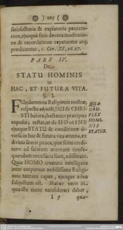 Pars IV. De Statu Hominis in Hac, Et Futura Vita