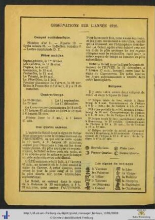 Observations sur l'année 1920.