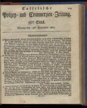 38tes Stück. Montag, den 14ten September 1807