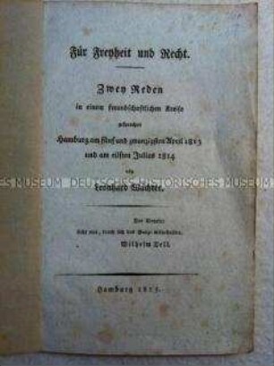 Broschüre mit zwei lyrischen Reden zu den Befreiungskriegen 1813-1815
