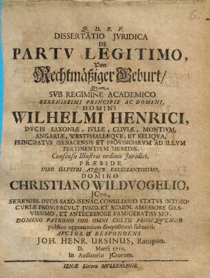 Dissertatio Jvridica De Partv Legitimo : = Von Rechtmäßiger Geburt