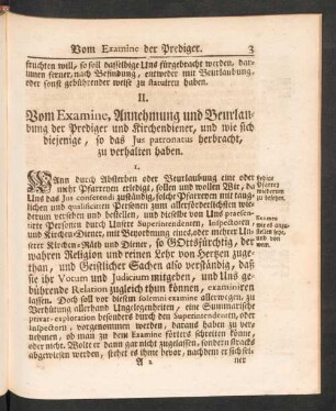 II. Vom Examine, Annehmung und Beurlaubung der Prediger und Kirchendiener, und wie sich diejenige, so das Ius patronatus herbracht, zu verhalten haben.