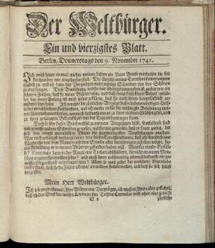 Ein und vierzigstes Blatt. Berlin, Donnerstags den 9. November 1741.