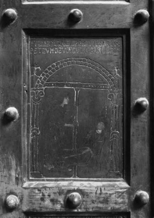 Tür des Hauptportals, rechte Seite, Detail: Der Erzengel befreit Petrus aus dem Gefängnis (Reihe 3, Tafel 1)