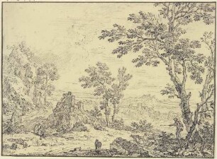 Landschaft mit Ruinen, vorne rechts ein Schafhirte
