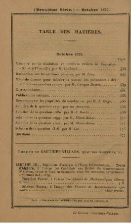 Table des matières. Octobre 1879.