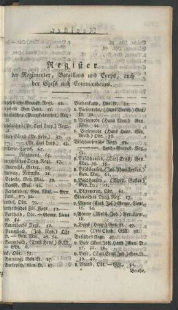 Register der Regimenter, Bataillons und Corps, auch der Chefs und Commandeurs.