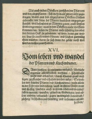 XVI. Vom leben und wandel der Pfarrern und Kirchendiener.