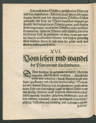 XVI. Vom leben und wandel der Pfarrern und Kirchendiener.