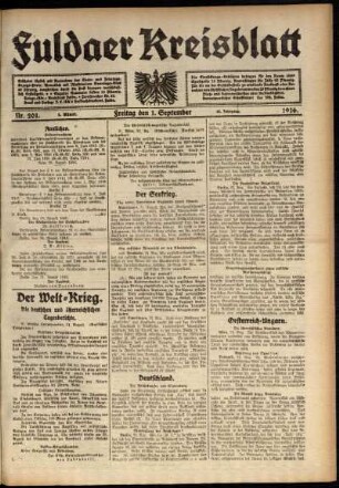 Erste Ausgabe vom Freitag, den 01. September 1916.