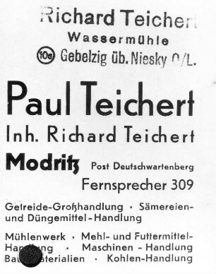 Hohendubrau-Gebelzig-Ober-Gebelzig. Ehem. Wassermühle Ober Gebelzig, Ausschnitt aus: Geschäfts-Postkarte von Richard Teichert, verwendet am 11.06.1948
