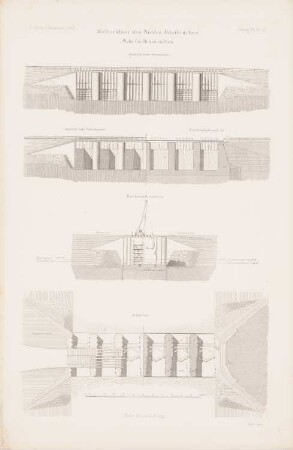 Melioration des Niederoderbruchs: Grundriss, Ansichten, Schnitt CD, Schnitt AB Wehr bei Hohensaathen (aus: Atlas zur Zeitschrift für Bauwesen, hrsg. v. G. Erbkam, Jg. 12, 1862)