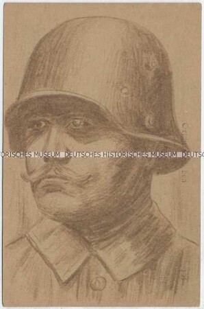 Soldatenporträt mit Stahlhelm, handgezeichnete Postkarte von der französischen Front