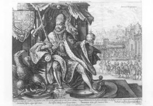 Thronender Regent mit einem Adler : Vorlage für die Silbereinlage des Jagd- und Arbeitstisches von 1636. Imperator Caesar Augustus. Invictissimus (Thronender Regent mit einem Adler). Kupferstich (vor 1636)