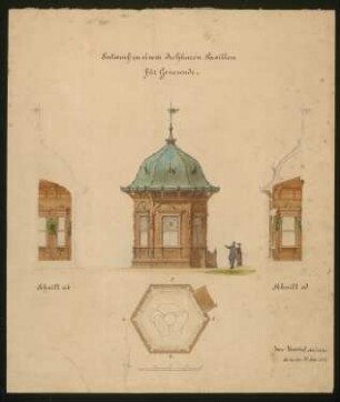 Pavillon: Grundriss, Schnitte, Ansicht
