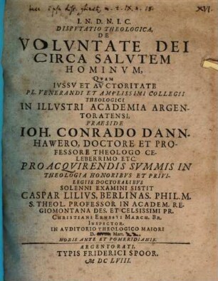 Disputatio Theologica, De Voluntate Dei Circa Salutem Hominum