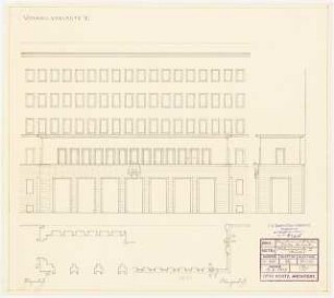 Verwaltungsgebäude der Sächsischen Bauernschaft, Dresden: Ansicht und Horizontalschnitt des Vorbaus an der Ammonstraße (Variante I)1:100