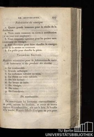 Troixième Section. Matières néccessaires pour la fabrication du sucre de betteraves et des produits des résidus
