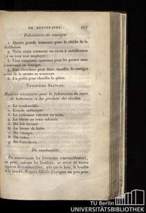 Troixième Section. Matières néccessaires pour la fabrication du sucre de betteraves et des produits des résidus