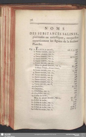 Noms Des Substances Salines, pierreues ou métalliques, auxquelles appartiennent les figures de la sixième Planche