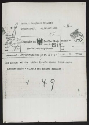 Brief von Wilhelm Bölsche an Gerhart Hauptmann