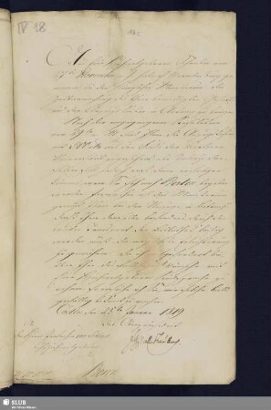 18c: Brief Fr. L. Chr. v. Solms-Laubachs an A. W. Schlegel; dat. Coelln, 25.01.1819.