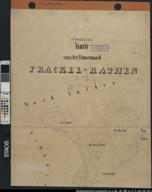 Spezialteilung und Verkoppelung der Binnengründe von KATHEN-FRACKEL: Karte von der Binnenmark Frackel-Kathen Ausf.-Art: Farbige Handzeichnung auf Papier Hersteller: W. Heiland, attestiert von Koehler Format: 66 x 153 cm, besteht aus den Teilkarten a und b Maßstab 1 : ?????