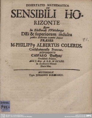 Dissertatio Mathematica De Sensibili Horizonte