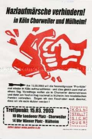 Maueranschlag mit einem Demonstrationsaufruf zur Verhinderung von Nazi-Aufmärschen in Köln