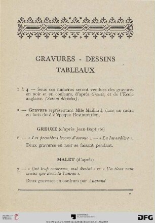 Gravures – Dessins Tableaux (Nr. 1-15)