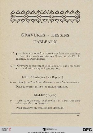 Gravures – Dessins Tableaux (Nr. 1-15)