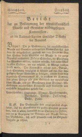 Bericht der zu Bestimmung der republikanischen Maaße und Gewichte niedergesetzten Kommission, ...