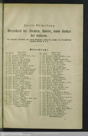 Zweite Abtheilung. Häuserbuch : Zweite Abtheilung. Verzeichniß der Straßen, Häuser, sowie Besitzer der letzteren