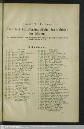 Zweite Abtheilung. Häuserbuch : Zweite Abtheilung. Verzeichniß der Straßen, Häuser, sowie Besitzer der letzteren