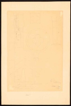 Lotussäule, Abusir (?): Perspektivische Teilansicht der Lotossäule mit Farbangaben, Grundrisse und weitere Säulendetails